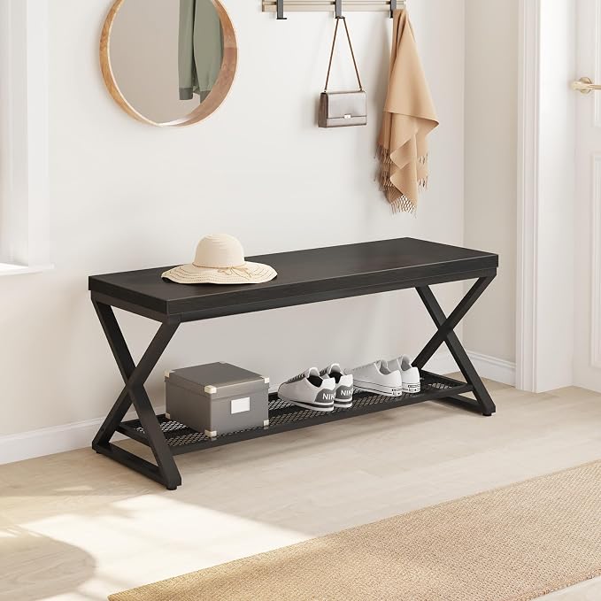 LVB Black Entryway Bench with Storage, Indoor Shoe Bench with Seating for Hallway, Accent Storage Bench for Living Room Bedroom, Simple Small Shoe Rack Benchs for Foyer Entrance, Black Oak, 39 inch - Image 3