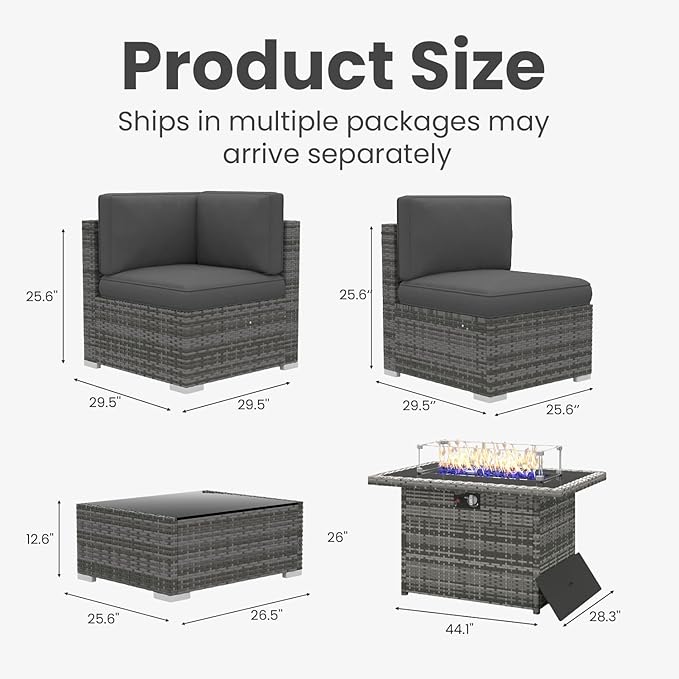 10 Pieces Patio Furniture Set with 44" Propane Gas Fire Pit Table, Outdoor Sectional Wicker Conversation Sofa Sets with Coffee Table