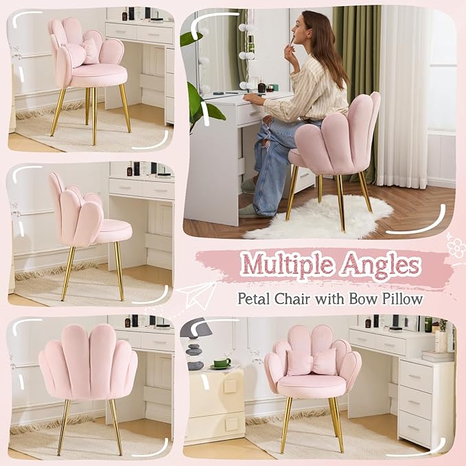 VINGLI Petal Makeup Vanity Chair with Back,Flower Cute Girls Desk Chair Comfy No Wheels,Modern Dining Chair,Small Accent Chair with Adustable Gold Legs&Bow Pillow for Home Office,Bedroom,Velvet,Pink
