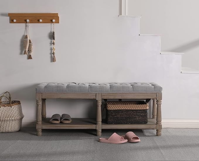 Kmax Storage Entryway Bench Tufted Shoe Rack Bench Wood Window Bench for Hallway Entrance Bedroom Corner, Gray - Image 3