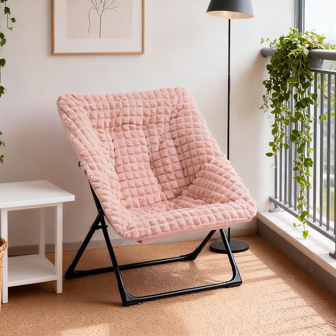 HollyHOME X-Large Saucer Chair, Comfy Oversized Folding Chair, Faux-Fur Reading Chair for Teens, Adults, Foldable Accent Lazy Chair, Metal Lounge Chair for Living Room, Bedroom, Dorm, Grid Pink