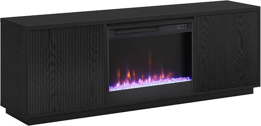 Henn&Hart Fluted TV Stand for TVs up to 75" with 26" Electric Crystal Rocks Fireplace and Ribbed Side Storage Cabinets for Living Room, Family Room, or Office, Natural Black by HennHart