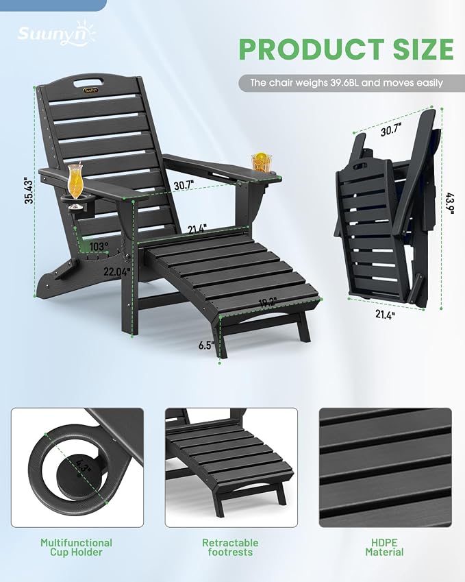 Folding Adirondack Chair with Retractable Ottoman Weather Resistant Fire Pit Chair Patio Chair with 2 Cup Holder Lawn Outdoor Lounge Chair (Black) - Image 4