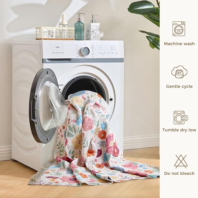 LUTBM Boho Throw Blanket for Couch Sofa Chair Cotton Spring Blankets for Bedroom Living Room All Season Soft Lightweight Reversible Floral Embroidery Throws 50"x60" Bohemian Room Decor