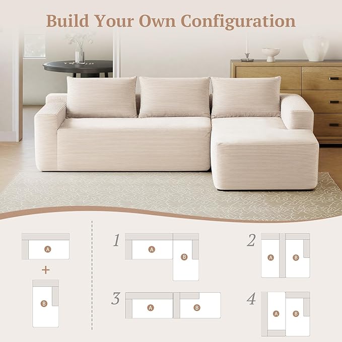 97inch Boneless L-Shaped Sectional Sofa with Throw Pillow & Side Pockets- No Assembly Compressed Modular Couch, Memory Foam, Deep Seat for Living Room, Bedroom, Apartment White Right