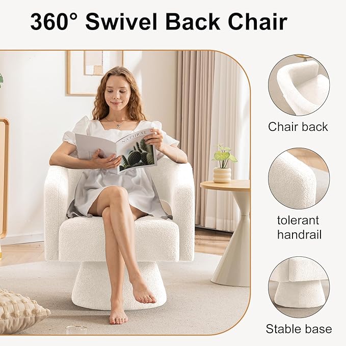 ClinQ Swivel Barrel Accent Chair, Oversized Teddy Upholstered Round Swivel Chairs Set of 1, Modern Luxury 360° Living Room Vanity Chair for Bedroom Office&Living Room, White