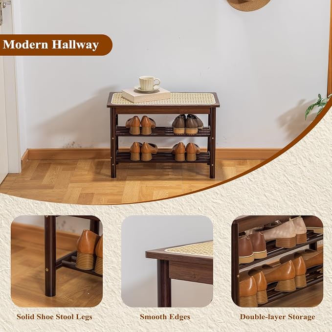 Bamboo Entryway Bench with Woven Rattan Seat, 2-Tier Shoe Storage Bench for Hallway & Entryway, 23.62 inches Walnut - Image 3