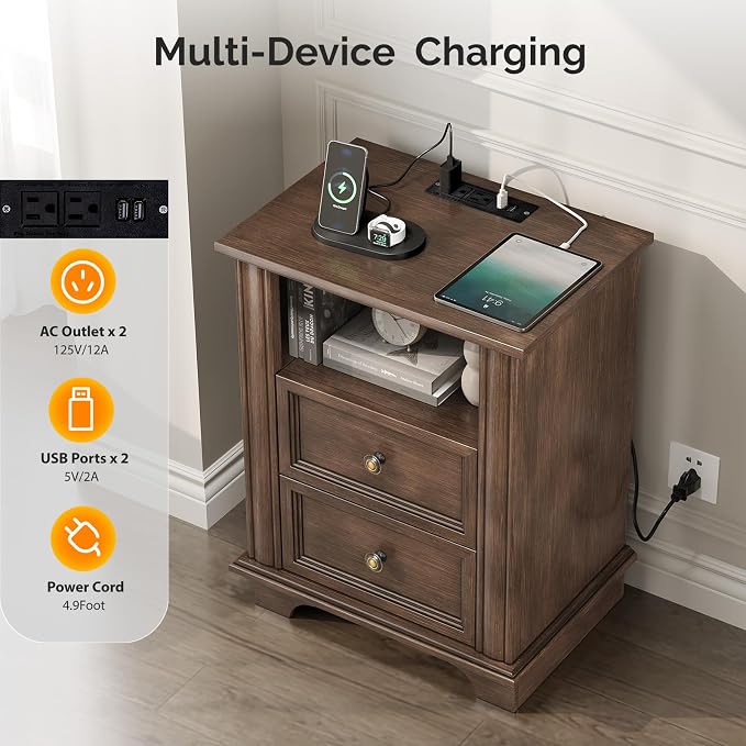 VINGLI 19.7" Nightstands Set of 2, Night Stands with Charging Station, Nightstand with Drawers, Wood Nightstand Bedroom, Bed Side Table, End Table, Night Stand with Charger Station, Brown - Image 4