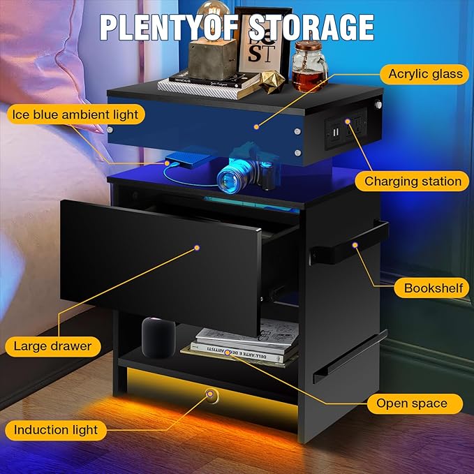 Nightstand with Induction Light & Side Charging Station, Modern Bedside Table with Drawer & Acrylic Bookshelf, Set of 2 Black End Tables for Bedroom - Final Stocks - Image 6