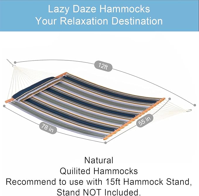 Lazy Daze Hammocks 12 FT Quilted Fabric Double Hammock with Spreader Bars and Detachable Pillow, 450lbs Weight Capacity - Image 2