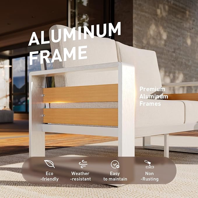 Aoxun Aluminum Outdoor Patio Furniture Set, 2 Seats Metal Sectional Patio Furniture, Modern Outside Sectional Set for Backyard, Armchair ×2, Sliver & Beige