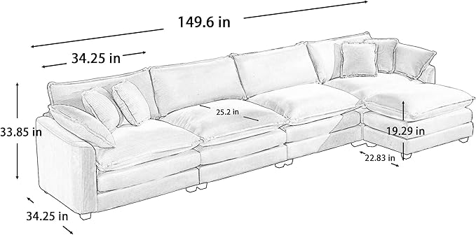 KEIKI 150" L-Shaped Oversized Corduroy Modular Sectional Sofa with 1 Ottoman, High-Density Foam Cushions, Removable Armrests, Upholstered 4-Seater Corner Couch with 6 Pillow, for Living Room, Tan