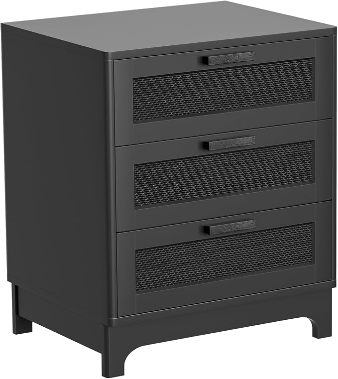 Anmytek Rattan Nightstand with 3 Drawers, Farmhouse Night Stand with Nature Rattan Storage Drawers, Black Wood Bedside Table Sofa End Side Table for Bedroom Dorm Small Spaces, 15.5”D x 19.7”W x 23.6”H by Anmytek