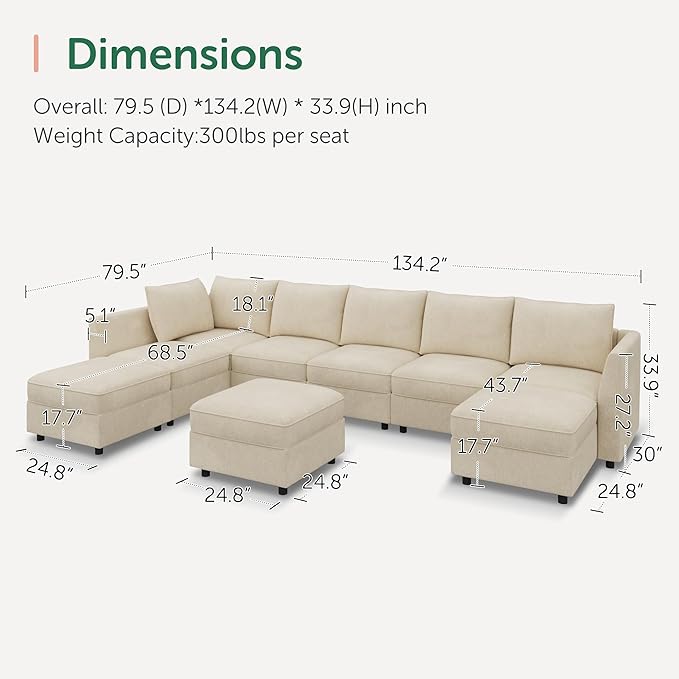 HONBAY Modular Sectional Sofa with Storage, U Shaped Couch Modular Convertible Sectional Couches for Living Room - Beige