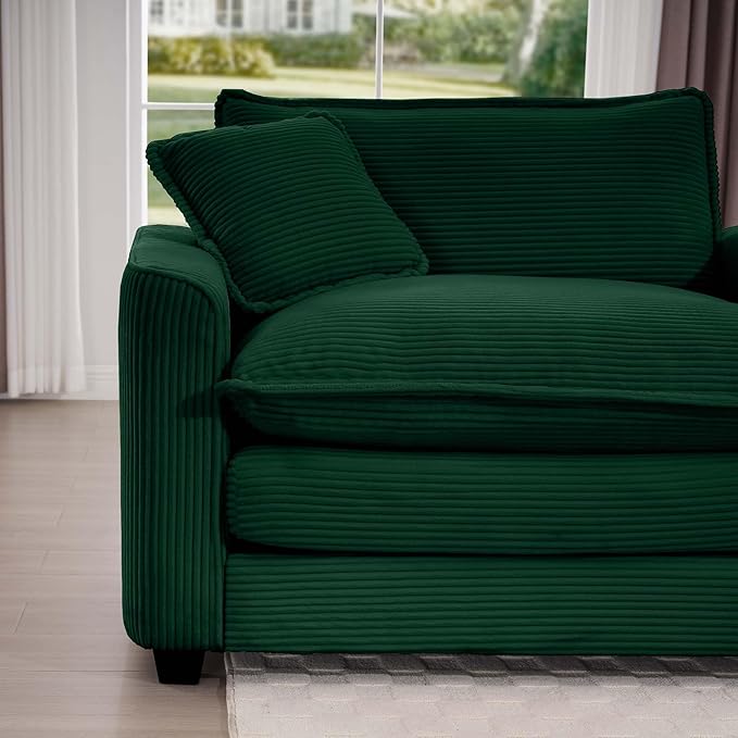 KEIKI 80" L-Shaped Oversized Corduroy Modular Sectional Loveseat Sofa with 1 Ottoman, High-Density Foam Cushions, Removable Armrests, Upholstered 2-Seater Couch with 4 Pillow, for Living Room, Green
