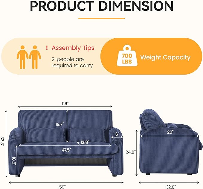 Corduroy Accent Living Room Sets, Comfy Upholstered Loveseat Sofa with 2 Accent Chairs, Morden Couch Sets for Living Room, Bedroom, Office, Blue