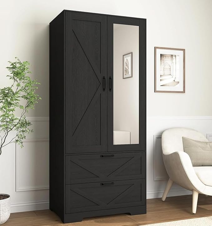 Black Armoire Wardrobe Closet with Mirror Door and LED Lights,72" Tall Farmhouse Bedroom Armoire with Drawers and Adjustable Shelves,Wooden Armoire Wardrobe Closet for Bedroom