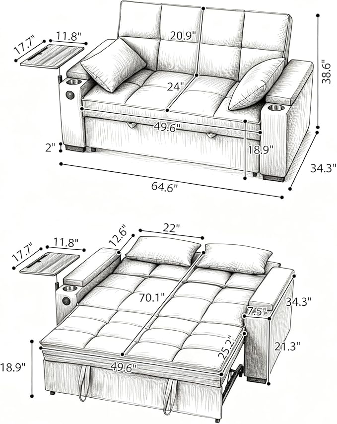 Eafurn Convertible Sleeper Sofa Bed with 360° Swivel Table & USB Ports, Tufted Chenille Loveseat Pull-Out Couch with Storage Armrest & Cup Holders, 6-Level Adjustable Backrest