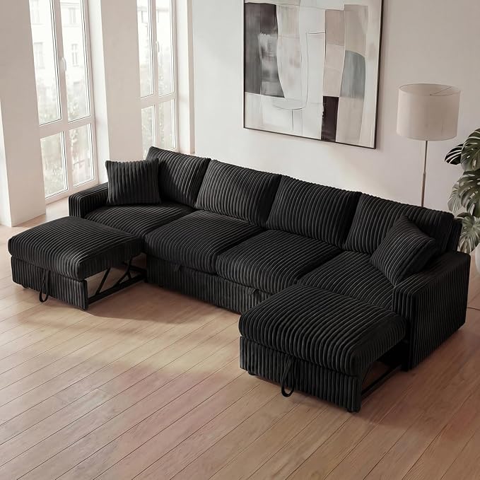 HONBAY 121.3 Inch Modular Sectional Sofa, L & U Shaped Pull Out Couch with Adjustable Backrest & Storage, Velvet Black
