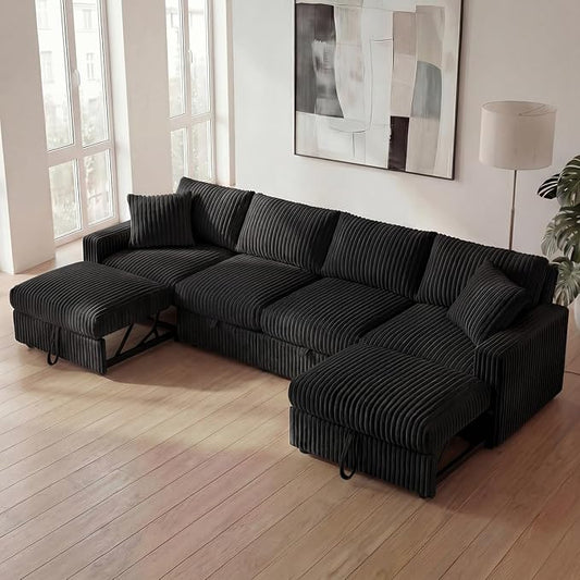 HONBAY 121.3 Inch Modular Sectional Sofa, L & U Shaped Pull Out Couch with Adjustable Backrest & Storage, Velvet Black