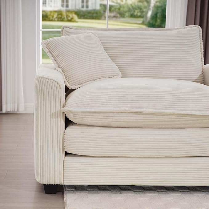 KEIKI 80" L-Shaped Oversized Corduroy Modular Sectional Loveseat Sofa with 1 Ottoman, High-Density Foam Cushions, Removable Armrests, Upholstered 2-Seater Couch with 4 Pillow, for Living Room, Beige