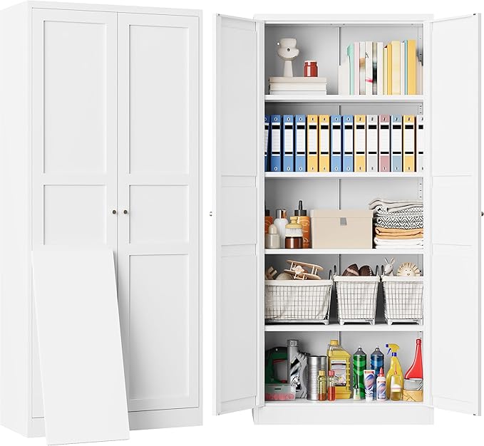 SISESOL 71" Tall Pantry Cabinet with 2 Doors and 5 Shelves,Kitchen Pantry Storage Cabinets,White Metal Storage Cabinet,Wide Deep Food Cupboard for Home,Kitchen,Dining/Living Room