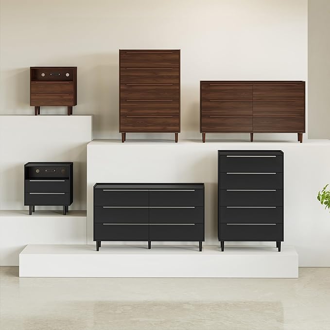 3PC Bedroom Furniture Set, Black Wood Grain 6-Drawer Dresser & 2 Charging Nightstands with Metal Handles, USB & Type-C Ports, AC Outlets, Open Shelf, Raised Edge Top, for Bedroom Apartment