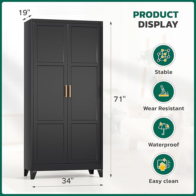 Greenvelly Metal Wardrobe Cabinet, 19" D x 34" W x 71" H Metal Wardrobe Closet with Hanging Rods and Adjustable Shelves,Clothing Storage Closet Cabinet for Bedroom, Cloak Room, Laundry Room (Black)