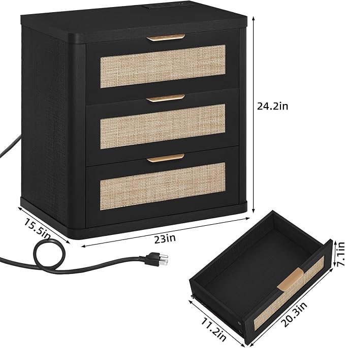 LEYAOYAO Rattan Night Stand with Charger Station, 23" Large 3 Drawer Boho Nightstand, Black Bedside Table Storage Cabinet, Bed Side End Tables for Bedroom, Living Room, Hallway - Image 2