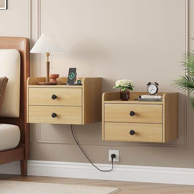 Floating Nightstand Set of 2 with 2 Storage Drawers and Charging Station Wood Wall Mounted Bedside End Table Modern Night Stands Set 2 for Bedroom,Small Space,Natural by Vabches
