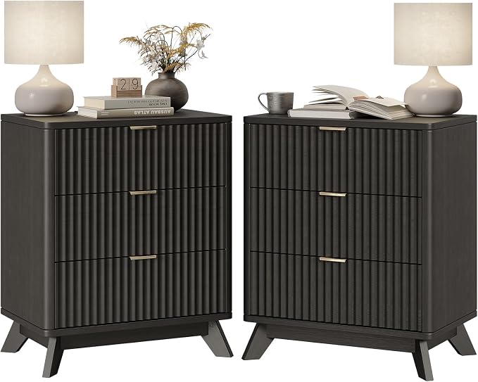 30" Tall Fluted NightStand Set of 2,Modern Side Table with Storage, 3 Drawers End Table with Charging Station,Night Stand Wood Bedside Tables for Bedroom,Curved Profile Design,Black by TROJMHome