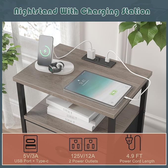 sthmec Nightstand with Charging Station,LED Grey Nightstand with 4 Fabric Drawers, Bedside End Tables, 2-Tier Open Storage Shelf Side Table Nightstand with Drawers for Bedroom,Grey - Image 4