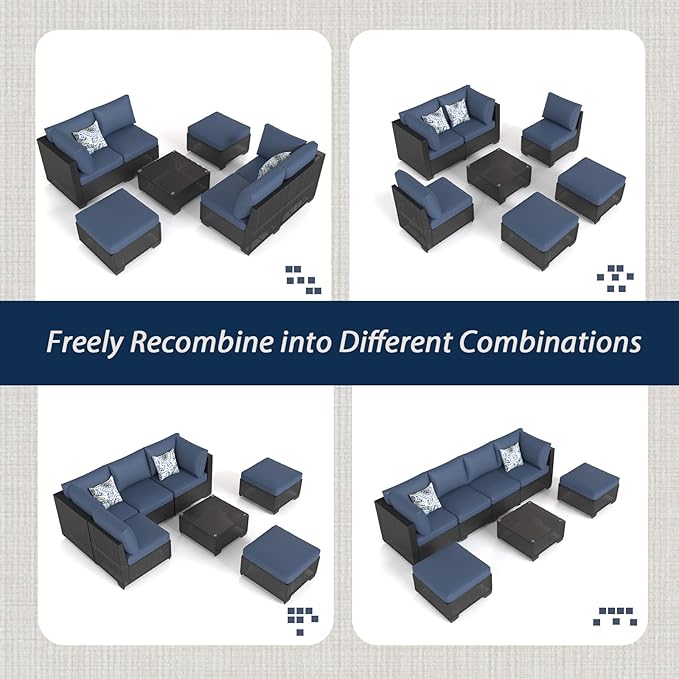 AECOJOY 7 Piece Outdoor Patio Furniture Set, Outdoor Sectional Conversation Furniture Chair with Coffee Table, Patio Sectional for Backyard, Garden(Navy Cushions and Black Rattan)