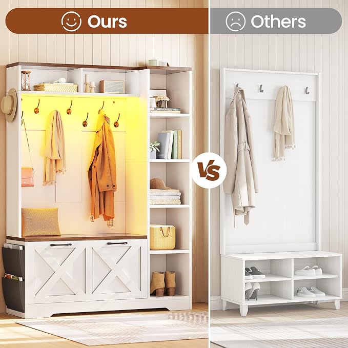 Itaar Hall Tree with Bench and Shoe Storage, Farmhouse Entryway Bench with Coat Rack, Shoe Cabinet with Flip Drawers, 7 Shelves, 10 Coat Hooks, Storage Bag, Led Lights, White - Image 4
