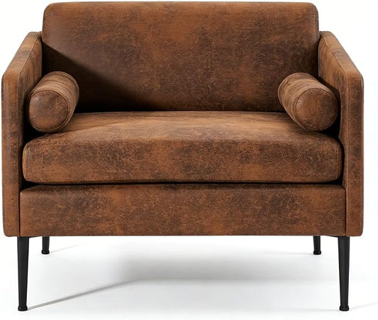 Karl home Mid-Century Club Chair 38.2" Living Room Sofa Oversized Bronzing Cloth Upholstered Accent Chair with Metal Legs for Living Room, Bedroom, Balcony, Apartment, Office, Brown