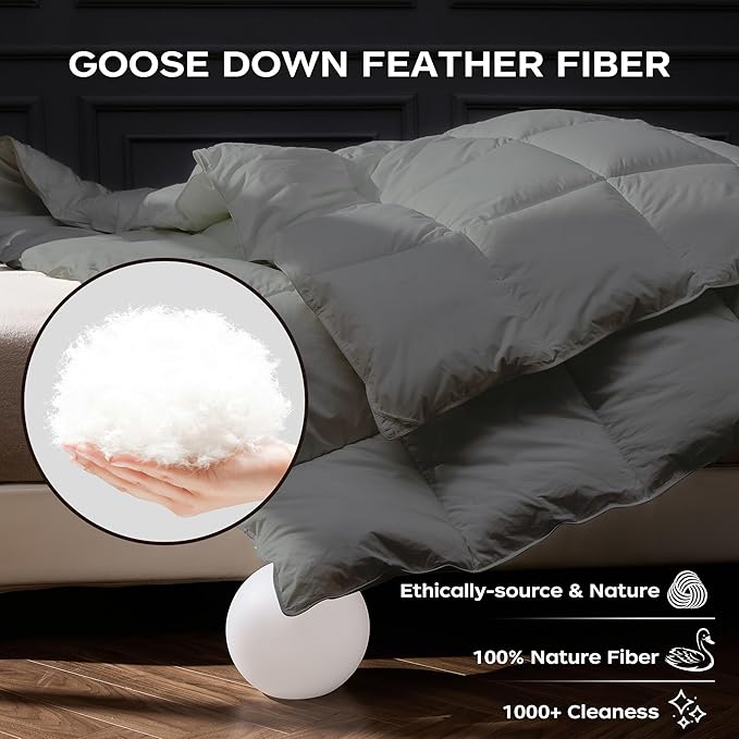 puredown® Goose Feather Down Fiber Comforter Twin Size, Lightweight 100% Cotton Duvet Insert Medium Warmth, Cloud Soft Hotel Luxury Collection Bedding Comforters Gery 98"x98"