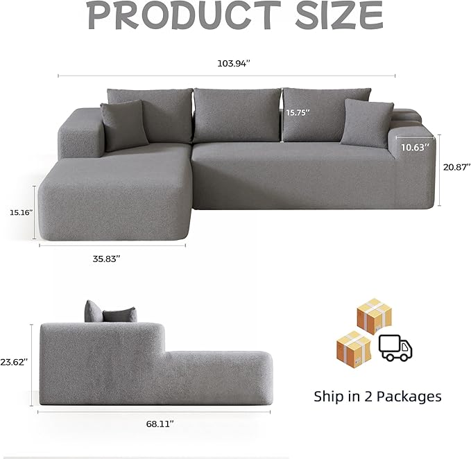 L-Shape Cloud Sectional Sofa, 104” Modern Modular Boneless Couch with Right Chaise Lounge, Compressed Floor Sofa with 5 Pillows & Deep Seat, Rain Drop Velvet Couch for Living Room, Light Gray