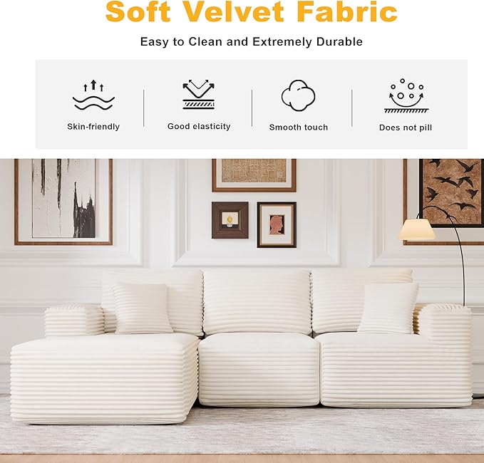 104" Modular Sectional Sofa with L-Shape Chaise, Modern Upholstered Cloud Couches for Living Room Bedroom, No Assembly Required, Cream