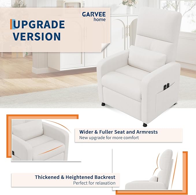 GarveeHome Power Recliner Chair with Massage and Heat, Adjustable Electric Recliner Ergonomic Overstuffed Tall Back, Padded Seat, 2 Side Pockets and USB Port, Home Theater Seating for Living Room