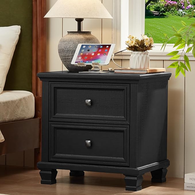 SAVOR LIFE Farmhouse Nightstand with Charging Station, Rustic Low Night Stand with 2 Drawers, Mid-Century Modern End Table with 4 Square Solid Wood Legs, Small Dresser for Bedroom, Home, Black by SAVORLIFEFurniture