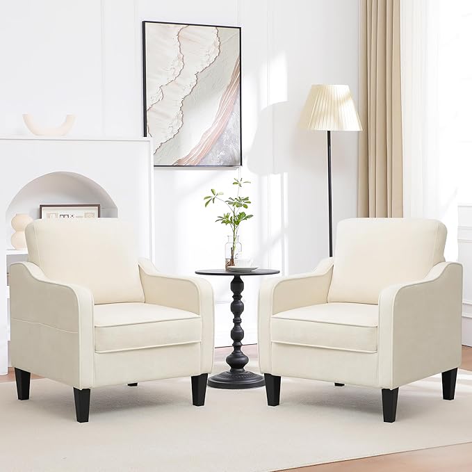 Accent Chairs Set of 2, Upholstered Living Room Chairs with Side Pockets, Mid Century Modern Reading Chair for Bedroom, Comfy Armchair Single Sofa Side Chair for Office, Small Room, Beige