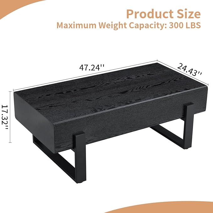 47.24" Rectangle Coffee Table, Wood Coffee Table Center Table with 7.8" Thick Tabletop Metal Legs Rounded Corners for Living Room Office, Black