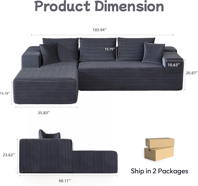 104” Sectional Cloud Couch, L-Shape Compressed Sofa with Right Chaise Lounge, Modular Cloud Couch with 2 Pillows & Deep Seat, Flannel Velvet Floor Sofa for Living Room, Dark Gray