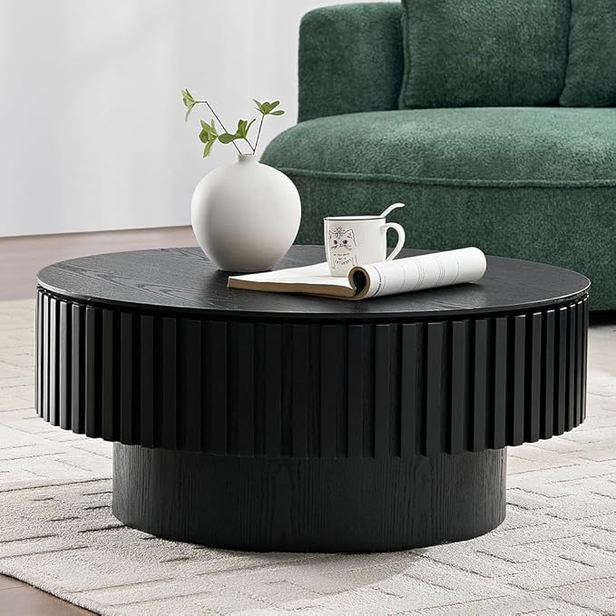 WILLIAMSPACE 31.49" Round Coffee Table with Storage for Living Room, Modern Circle Center Table with Solid Wood Veneered & Sturdy Pedestal, Accent End Tea Table for Apartment - Black