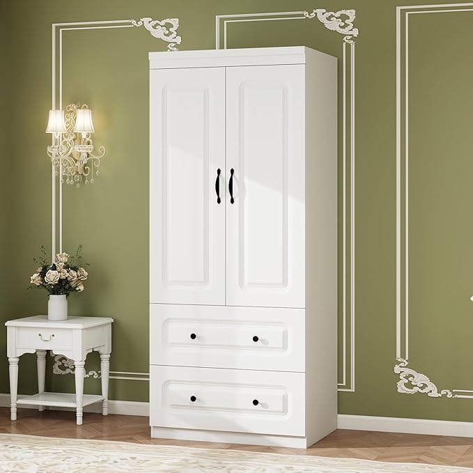 Armoire Wardrobe Closet: Wood White Bedroom Armoire Storage Cabinet for Large Capacity with 2 Doors, Tall Armoire and Wardrobe Closet with 2 Drawers & Hanging Rail