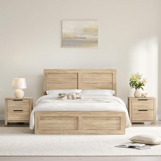 KISLOT 3 Pieces Bedroom Set, Wood Bed Frame with Upholstered Headboard & 2 Nightstands with Storage, Wooden Platform Mattress Foundation Farmhouse Bedroom Furniture Set