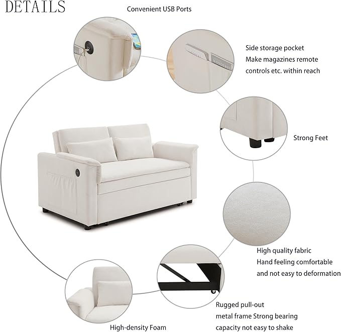 55" Convertible Loveseat Pull Out Sofa Bed for Living Room 3 in 1 Multi-Functional Sleeper Sofa Chaise Lounge Daybed Sofacama w/Adjustable Backrest,USB Ports,Side Pockets