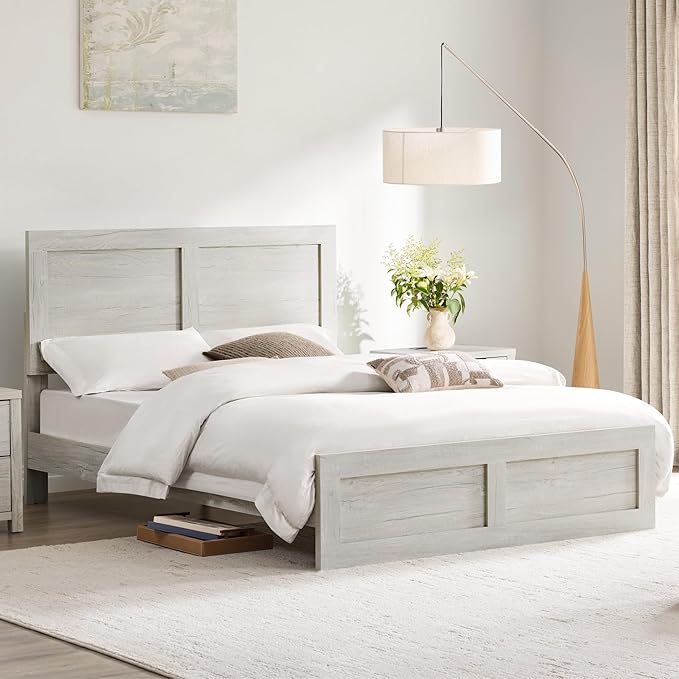 KISLOT 3 Pieces Bedroom Set, Queen Size Wood Platform Bed Frame and 2 Nightstands, Storage Nightstand with Type-C Charging Port, Farmhouse Bedroom Furniture Set