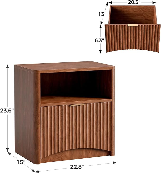 Evermagin Fluted Nightstand Set of 2, Walnut Bedside Table with Drawer and Storage, Wood End Table Mid Century Modern, Large Night Stand for Bedroom - Image 2