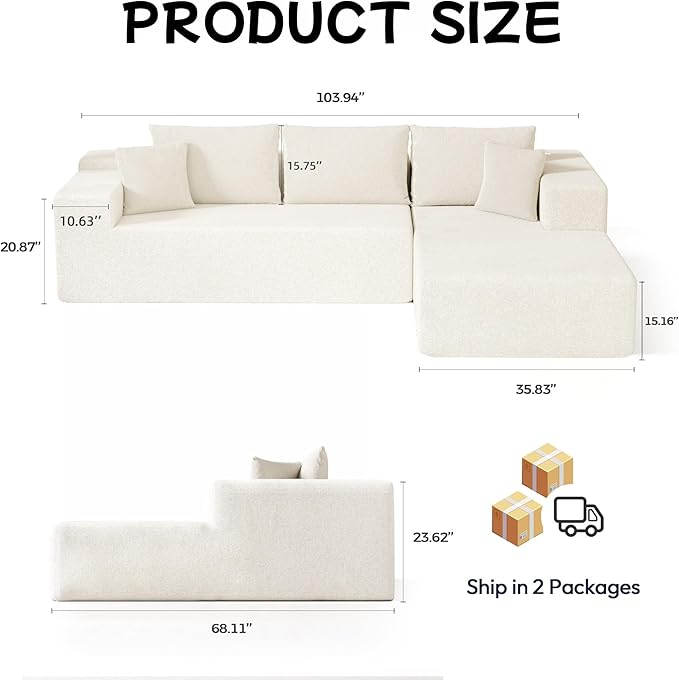 L-Shape Cloud Sectional Sofa, 104” Modern Modular Boneless Couch with Left Chaise Lounge, Compressed Floor Sofa with 5 Pillows & Deep Seat, Rain Drop Velvet Couch for Living Room, Beige